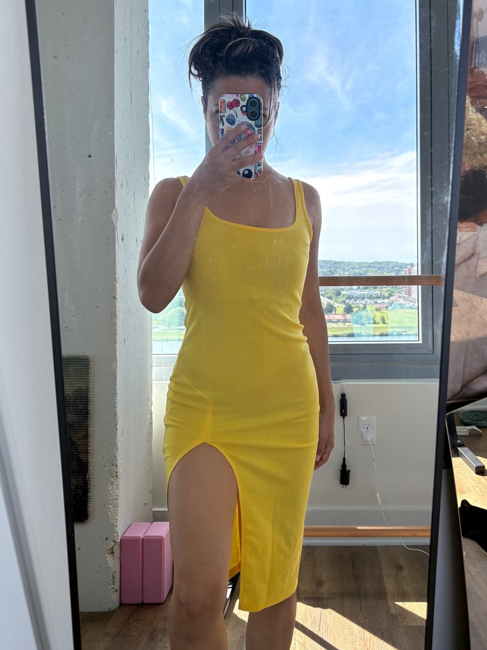 SHEIN Yellow Scoop Neck Midi Dress with High Side Slit
